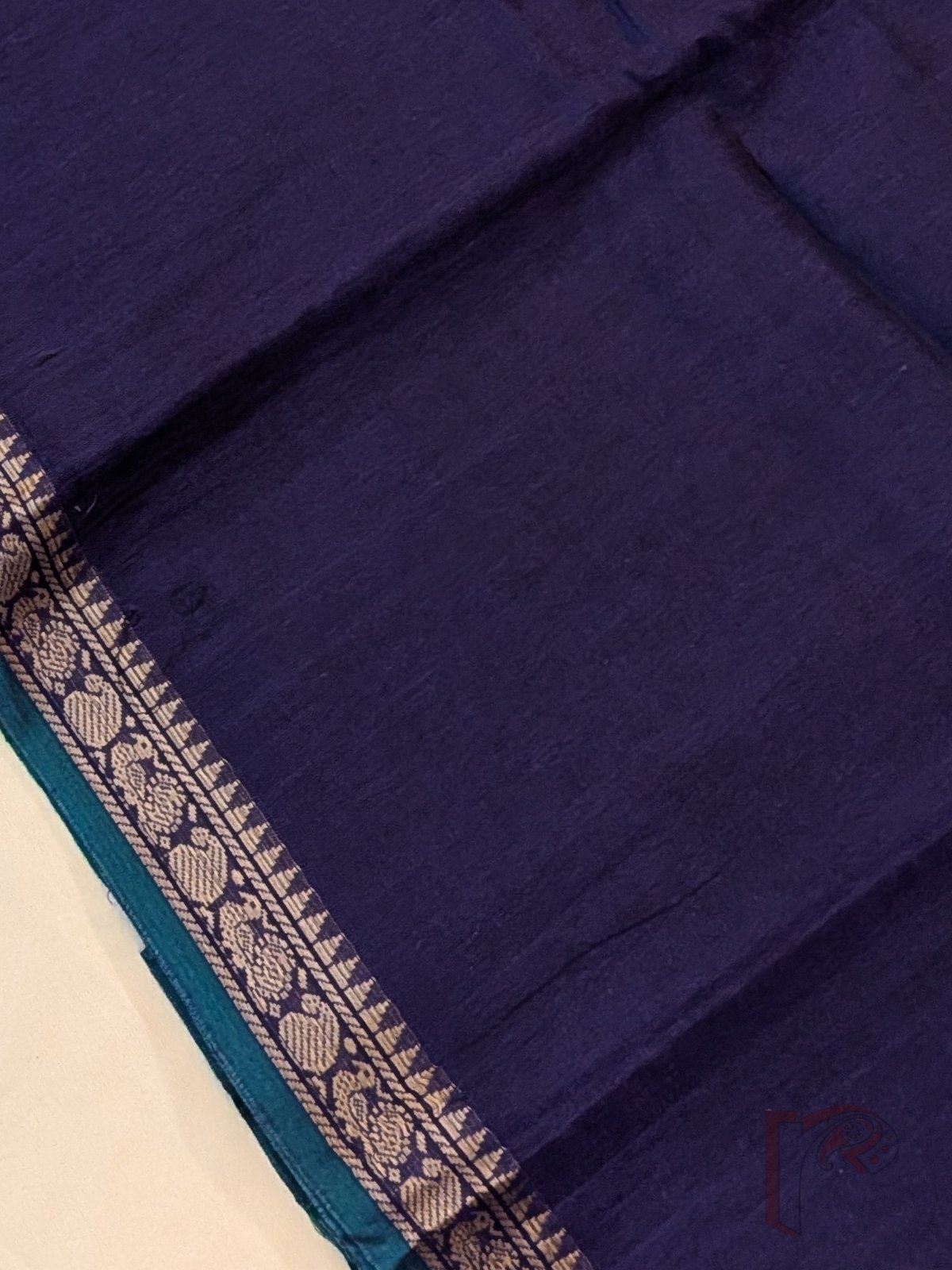 Ilkal Heritage - Dark Ink Blue Mercerized Cotton Ilkal Saree with Green Selvage and Orange Striped Pallu - Image 7