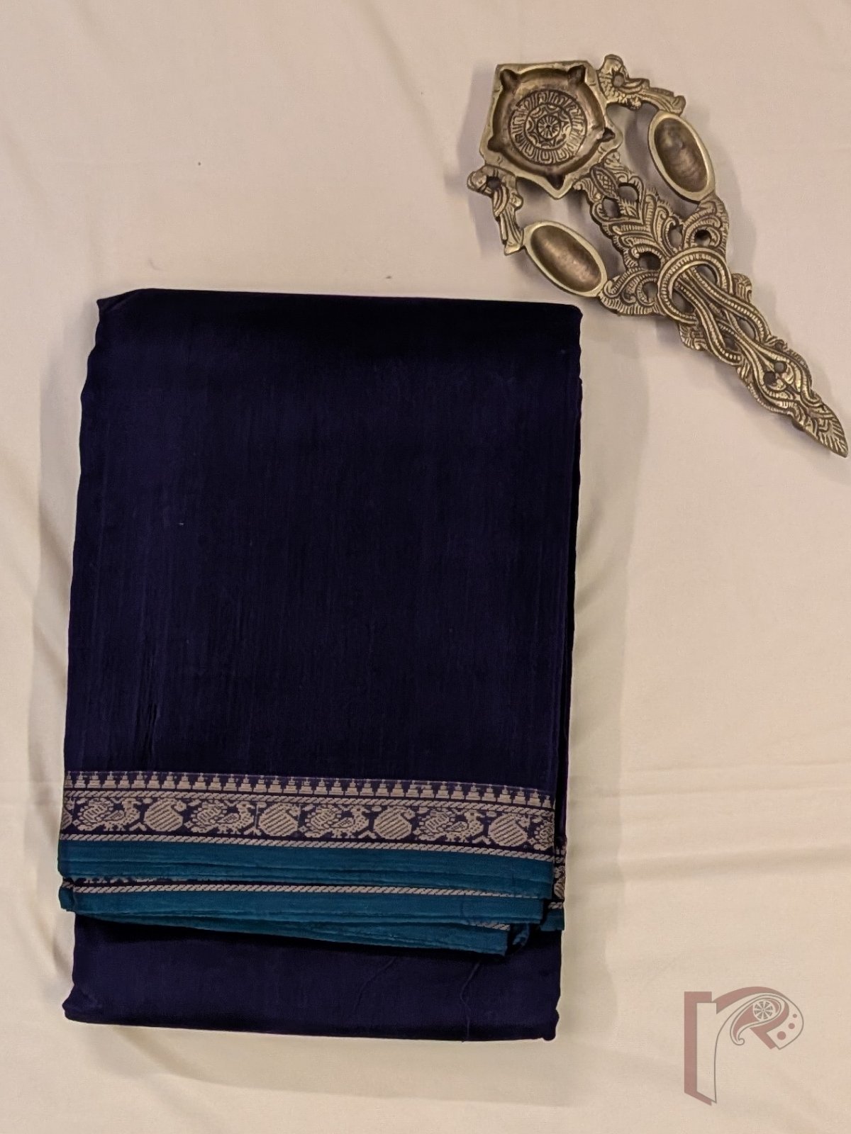 Ilkal Heritage - Dark Ink Blue Mercerized Cotton Ilkal Saree with Green Selvage and Orange Striped Pallu - Image 8