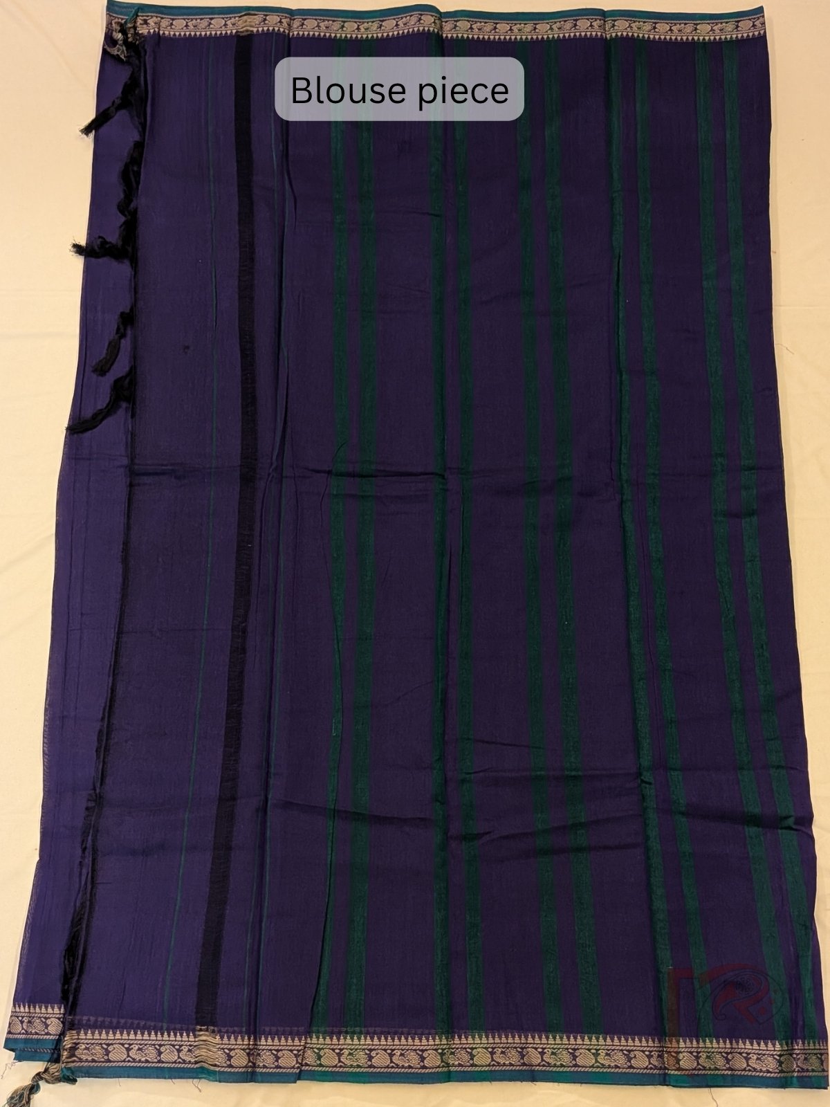 Ilkal Heritage - Dark Ink Blue Mercerized Cotton Ilkal Saree with Green Selvage and Orange Striped Pallu - Image 9