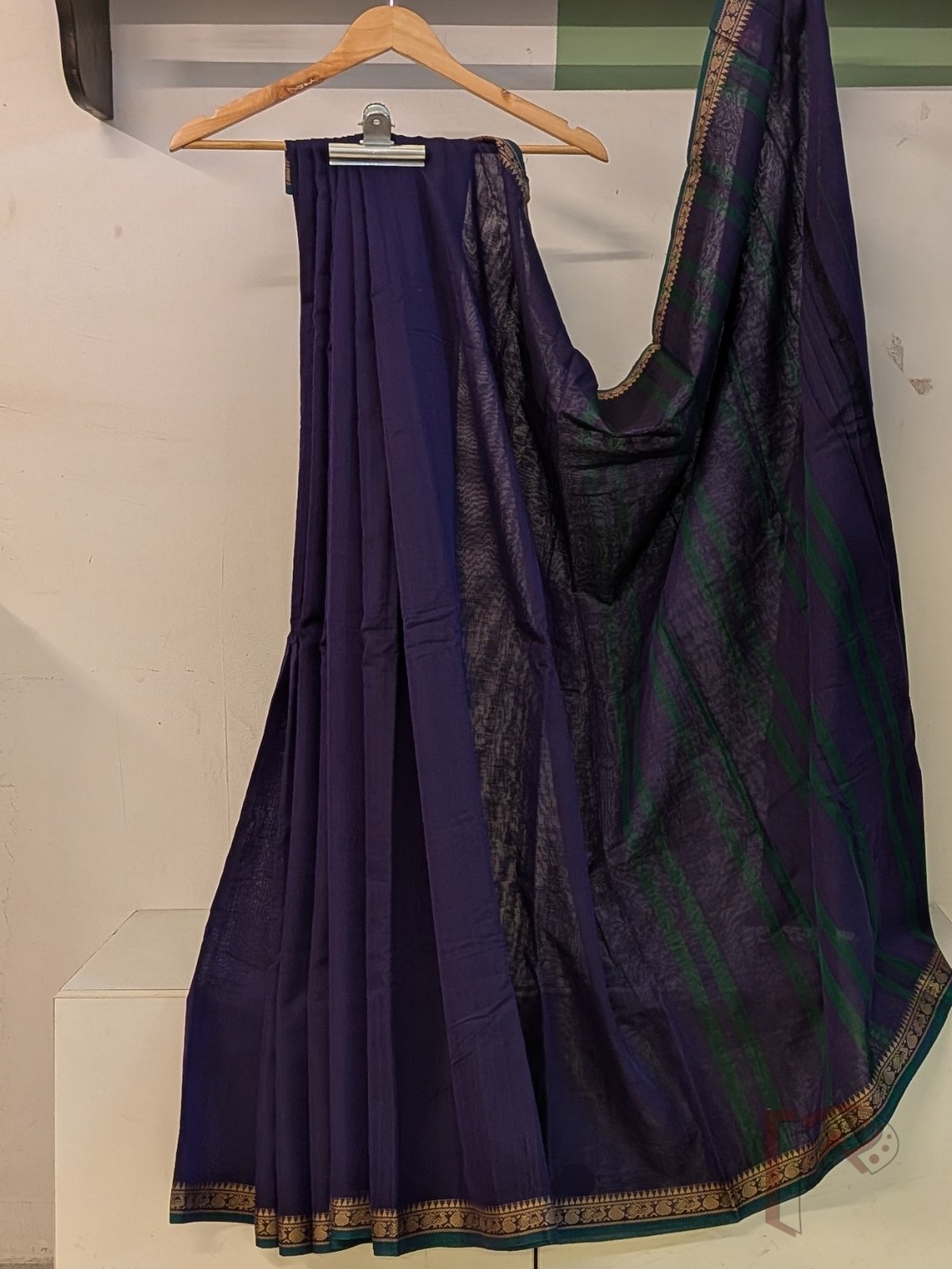Ilkal Heritage - Dark Ink Blue Mercerized Cotton Ilkal Saree with Green Selvage and Orange Striped Pallu