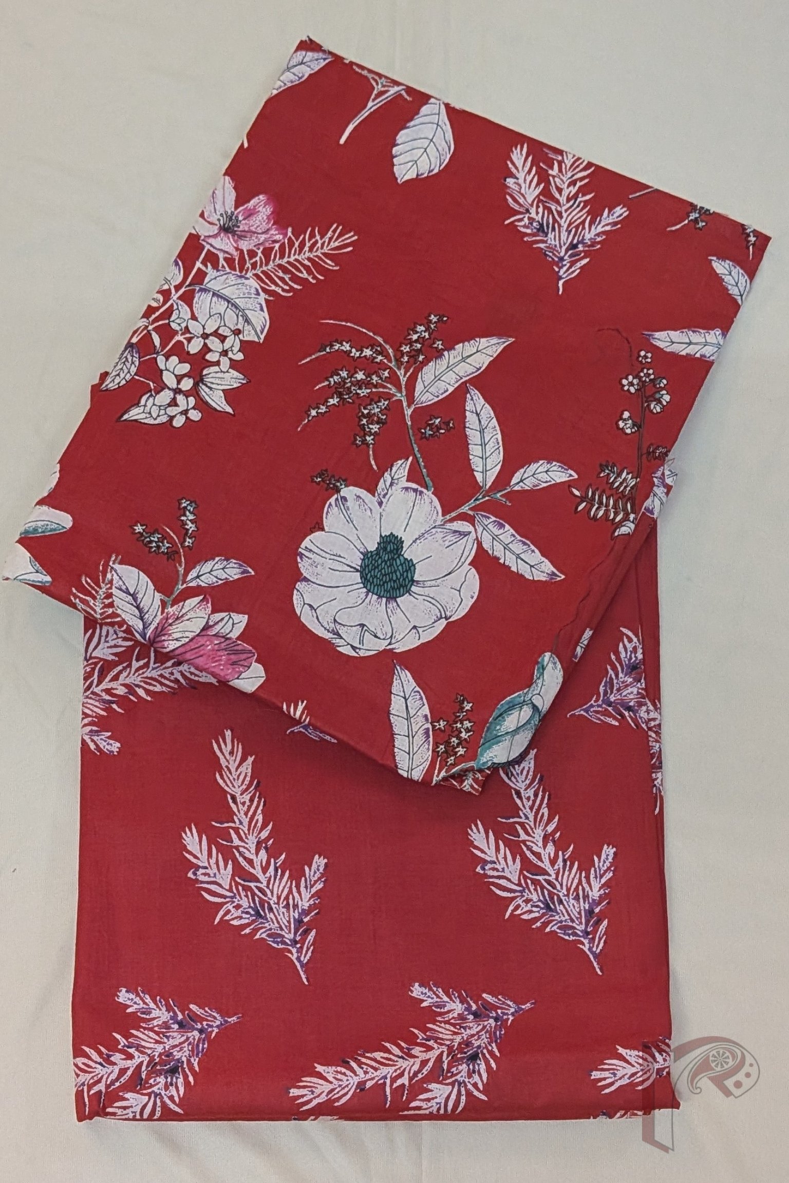 Suit stories – Red Offwhite Floral Stem Block Print Mulmul Cotton Suit Set with Multitone Leaf Bottom - Image 2