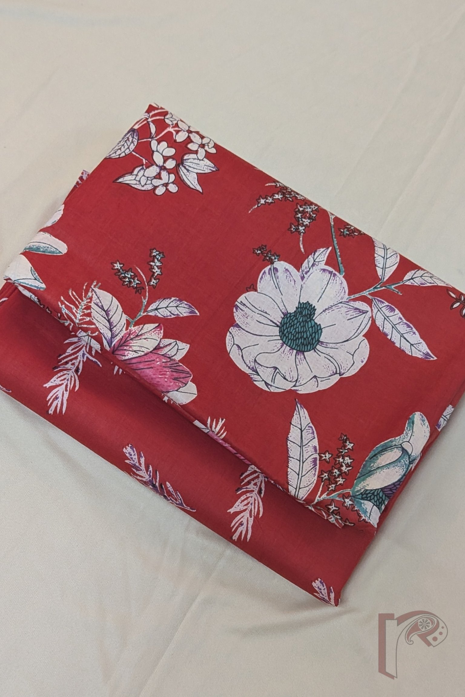 Suit stories – Red Offwhite Floral Stem Block Print Mulmul Cotton Suit Set with Multitone Leaf Bottom - Image 3