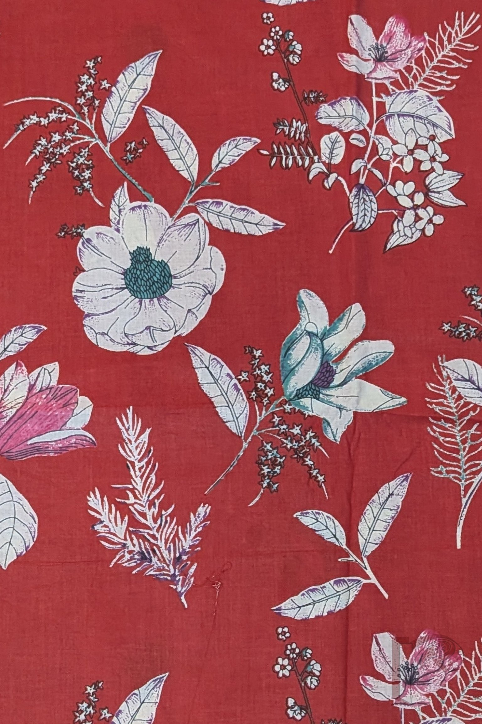 Suit stories – Red Offwhite Floral Stem Block Print Mulmul Cotton Suit Set with Multitone Leaf Bottom - Image 4