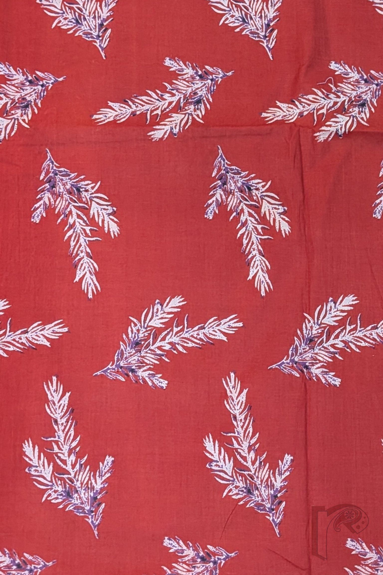 Suit stories – Red Offwhite Floral Stem Block Print Mulmul Cotton Suit Set with Multitone Leaf Bottom - Image 5