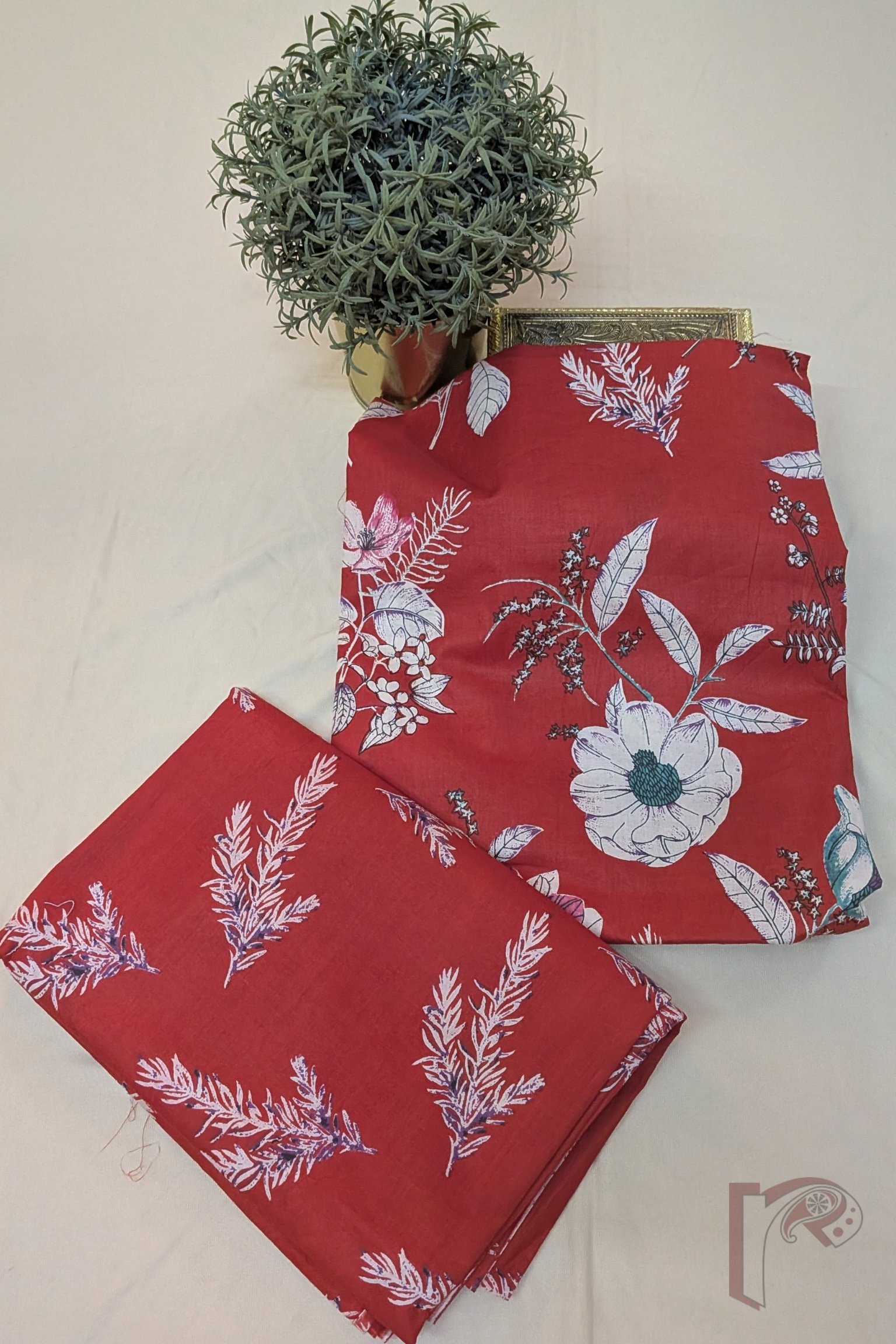 Suit stories – Red Offwhite Floral Stem Block Print Mulmul Cotton Suit Set with Multitone Leaf Bottom