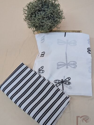 Suit stories – White & Black Dragonfly Print Mulmul Cotton Suit Set with Pinstripe Bottom