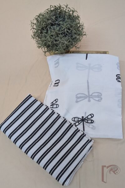 Suit stories – White & Black Dragonfly Print Mulmul Cotton Suit Set with Pinstripe Bottom
