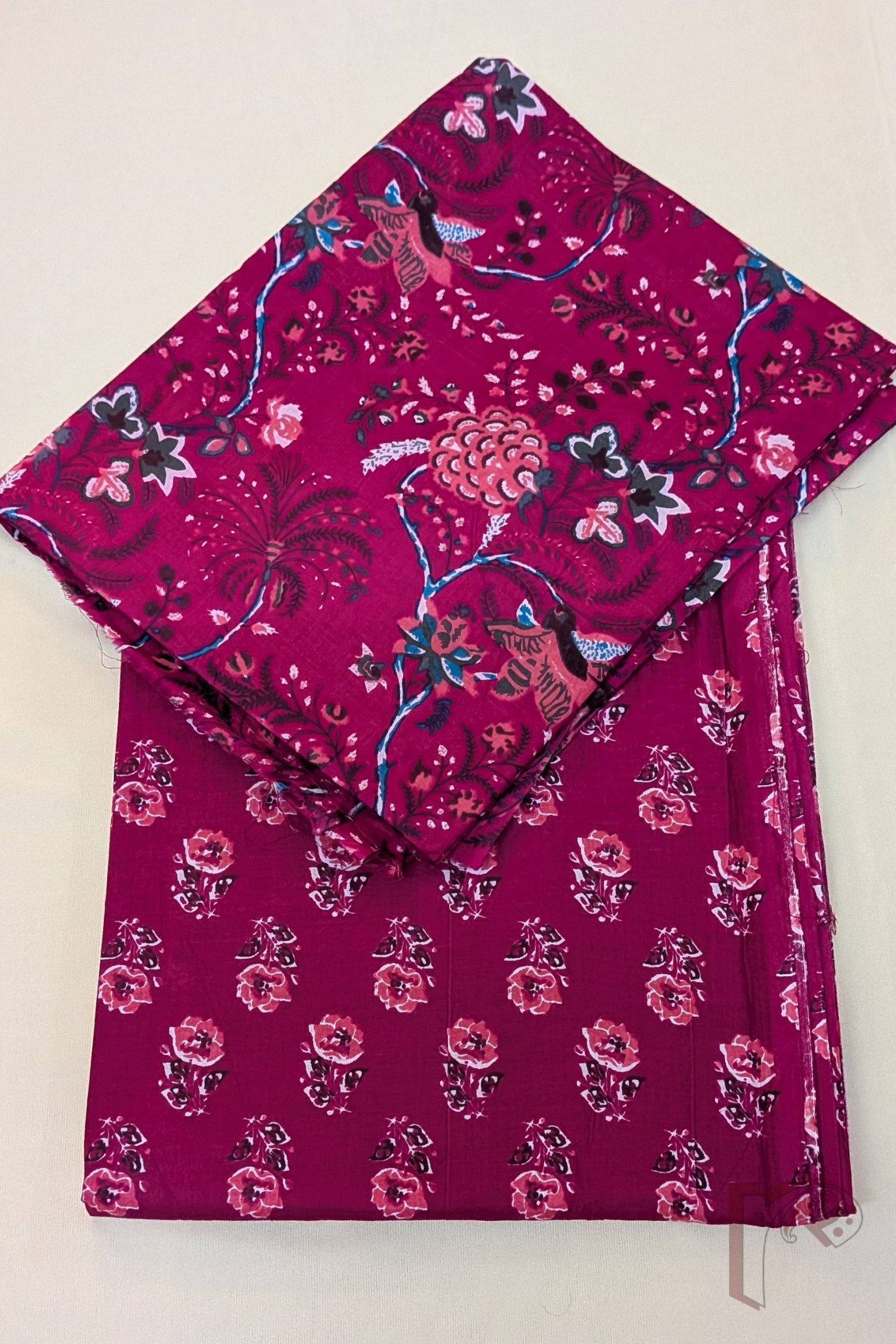 Suit stories – Hot Pink Multicolour Floral Block Print Mulmul Cotton Suit Set with Rose Motif Bottom - Image 2