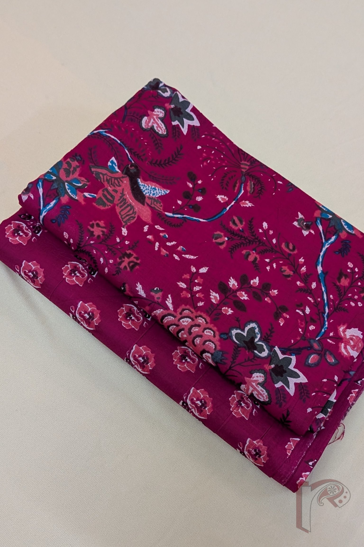 Suit stories – Hot Pink Multicolour Floral Block Print Mulmul Cotton Suit Set with Rose Motif Bottom - Image 3