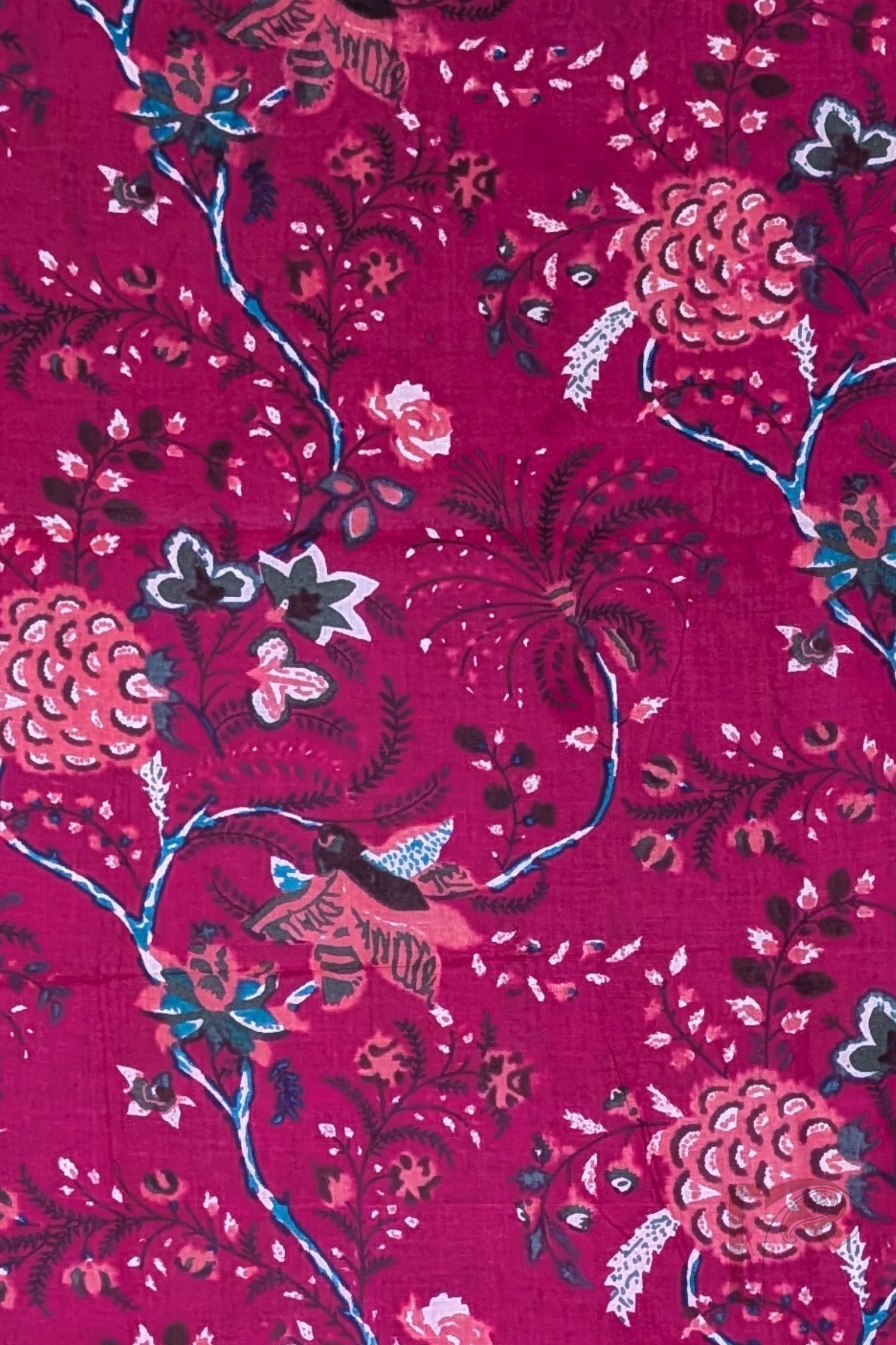 Suit stories – Hot Pink Multicolour Floral Block Print Mulmul Cotton Suit Set with Rose Motif Bottom - Image 4