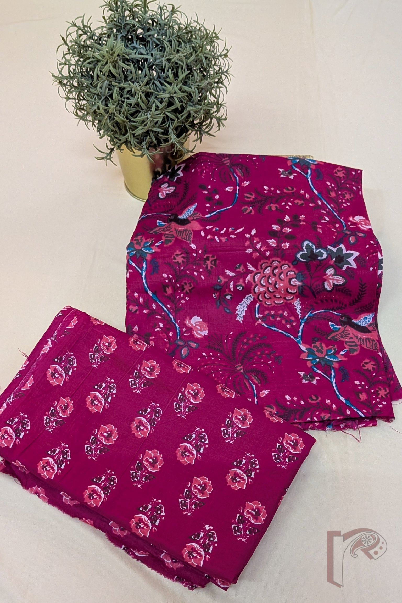 Suit stories – Hot Pink Multicolour Floral Block Print Mulmul Cotton Suit Set with Rose Motif Bottom