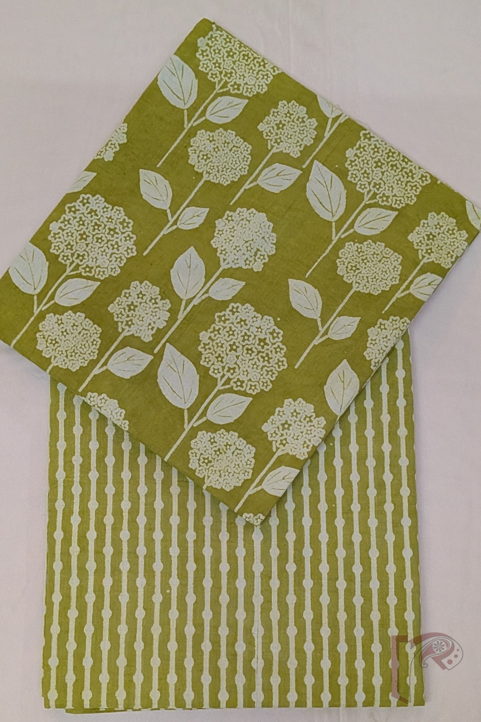 Suit stories – Lime Green Dandelion Floral Print Mulmul Cotton Suit Set with Polka Stripe Bottom - Image 2