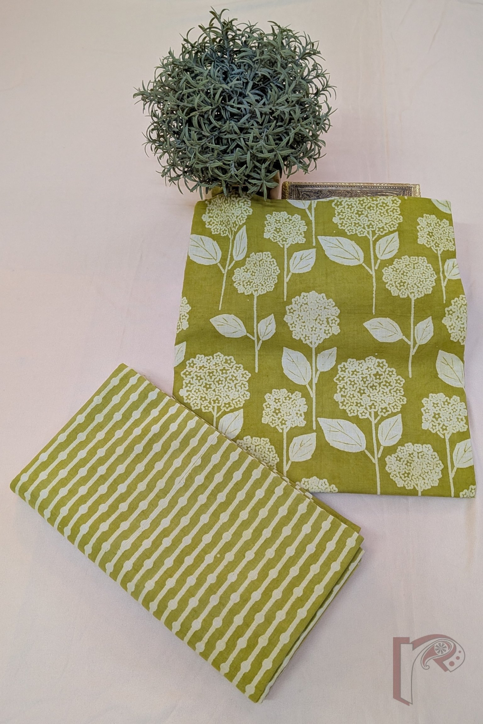 Suit stories – Lime Green Dandelion Floral Print Mulmul Cotton Suit Set with Polka Stripe Bottom