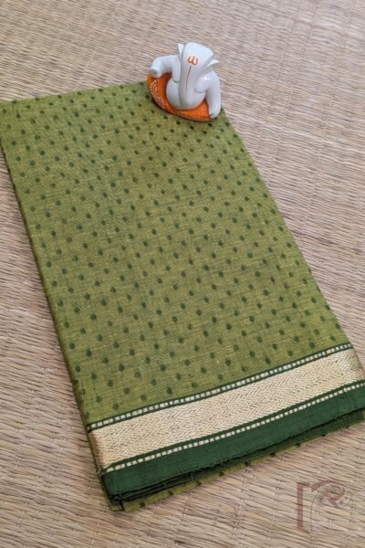 Parrot Green Mangalgiri South Cotton Blouse with Dark Green Booties and Dull Gold Thread Border