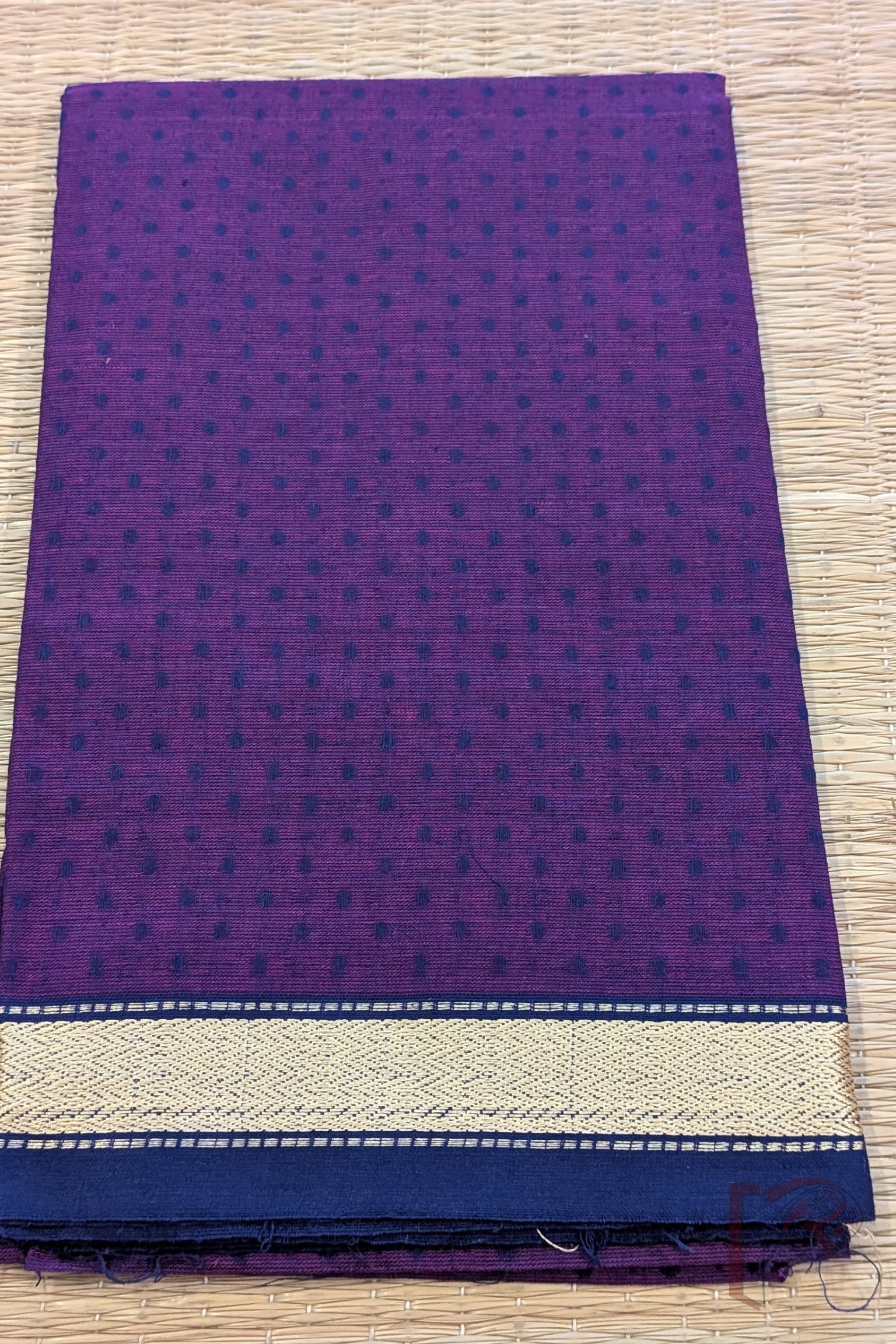 Dark Purple Mangalgiri Cotton Blouse with Navy Booties and Gold Border - Image 2