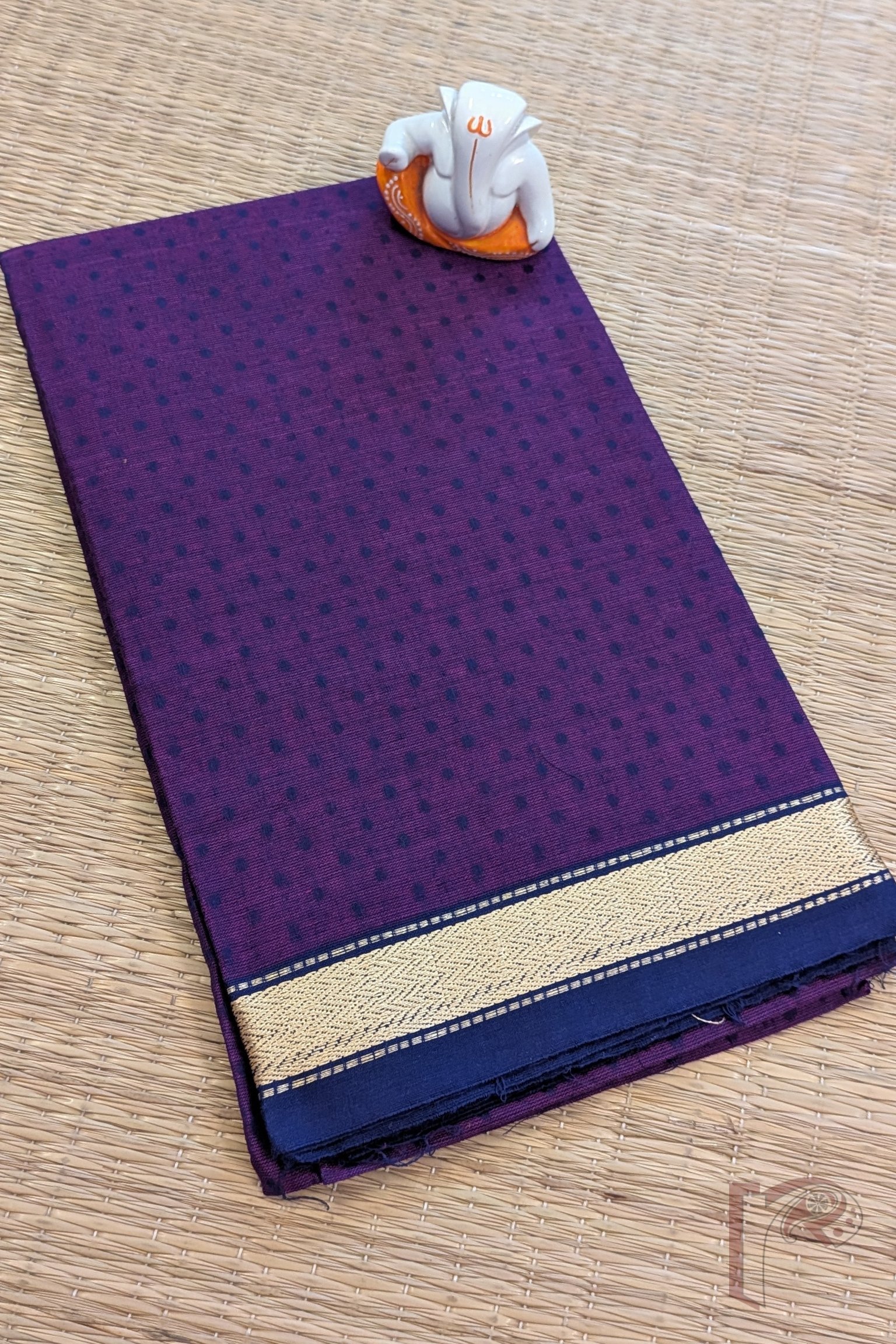 Dark Purple Mangalgiri Cotton Blouse with Navy Booties and Gold Border