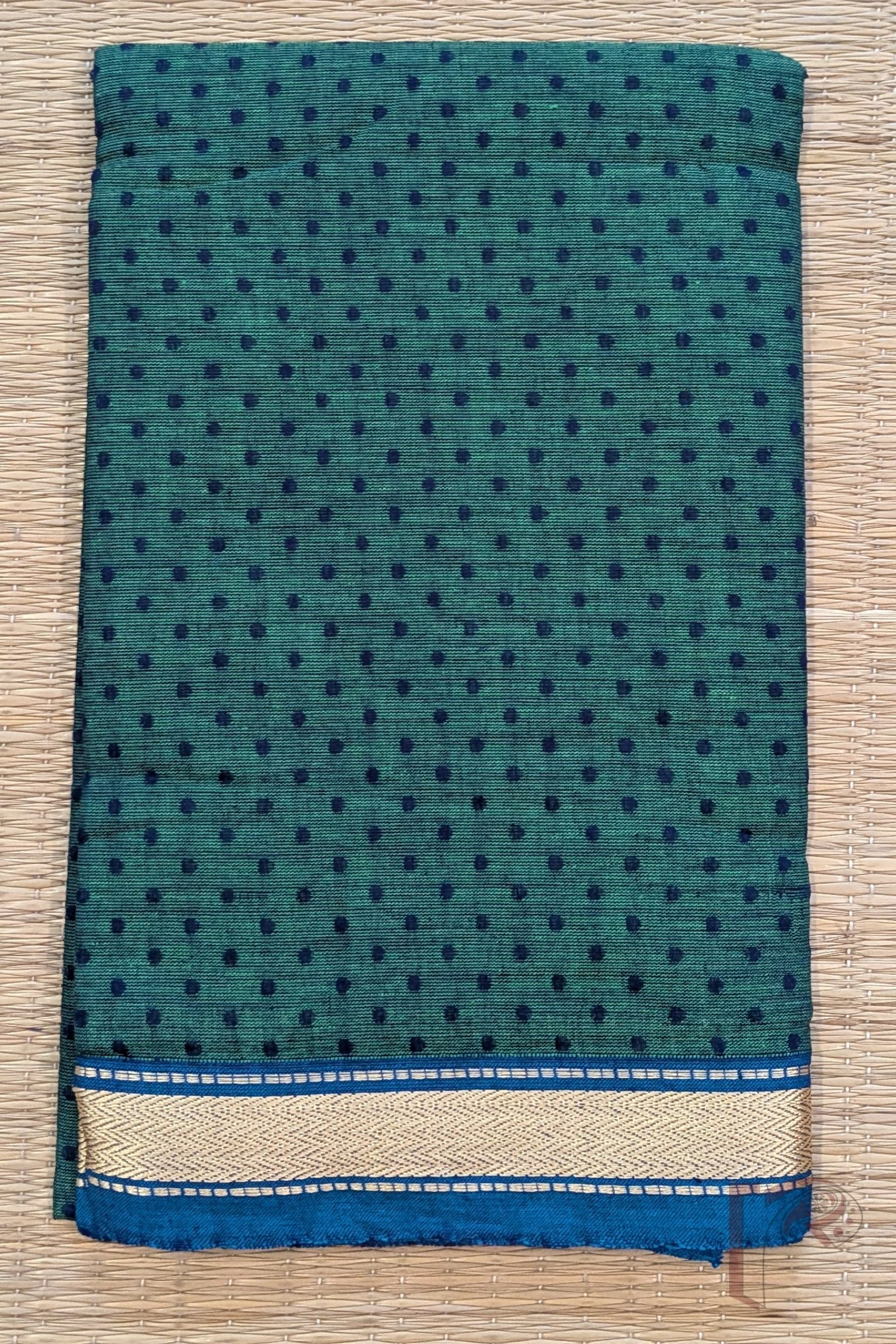 Green Mangalgiri Cotton Blouse with Copper Blue Booties and Gold Thread Border - Image 2
