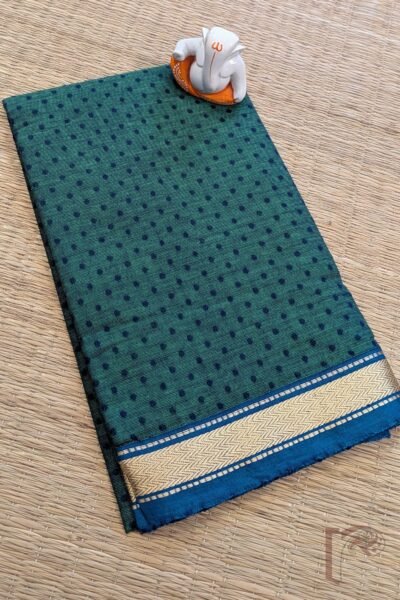 Green Mangalgiri Cotton Blouse with Copper Blue Booties and Gold Thread Border