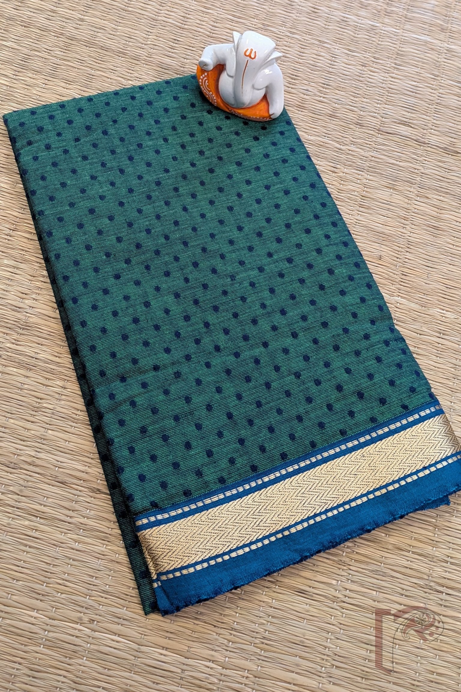 Green Mangalgiri Cotton Blouse with Copper Blue Booties and Gold Thread Border