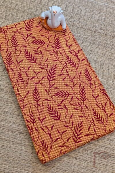 Orange South Cotton Blouse with Maroon Winding Stem and Leaf Print