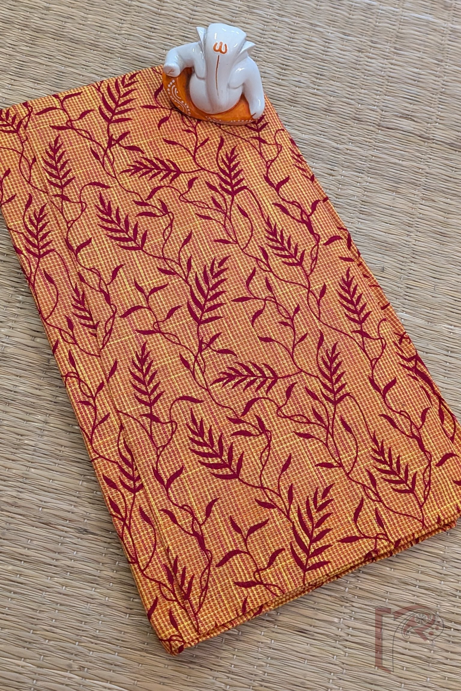 Orange South Cotton Blouse with Maroon Winding Stem and Leaf Print