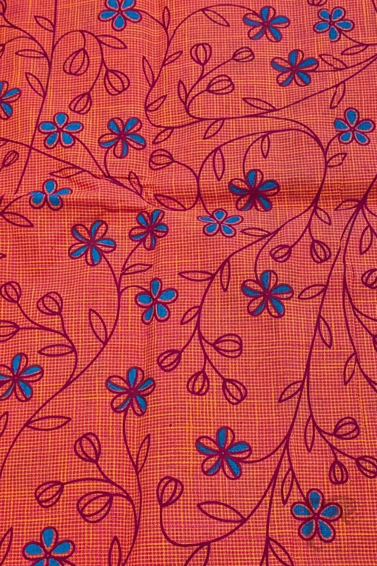 Burnt Orange South Cotton Handloom Blouse with Blue and Maroon Floral Stem Print - Image 3