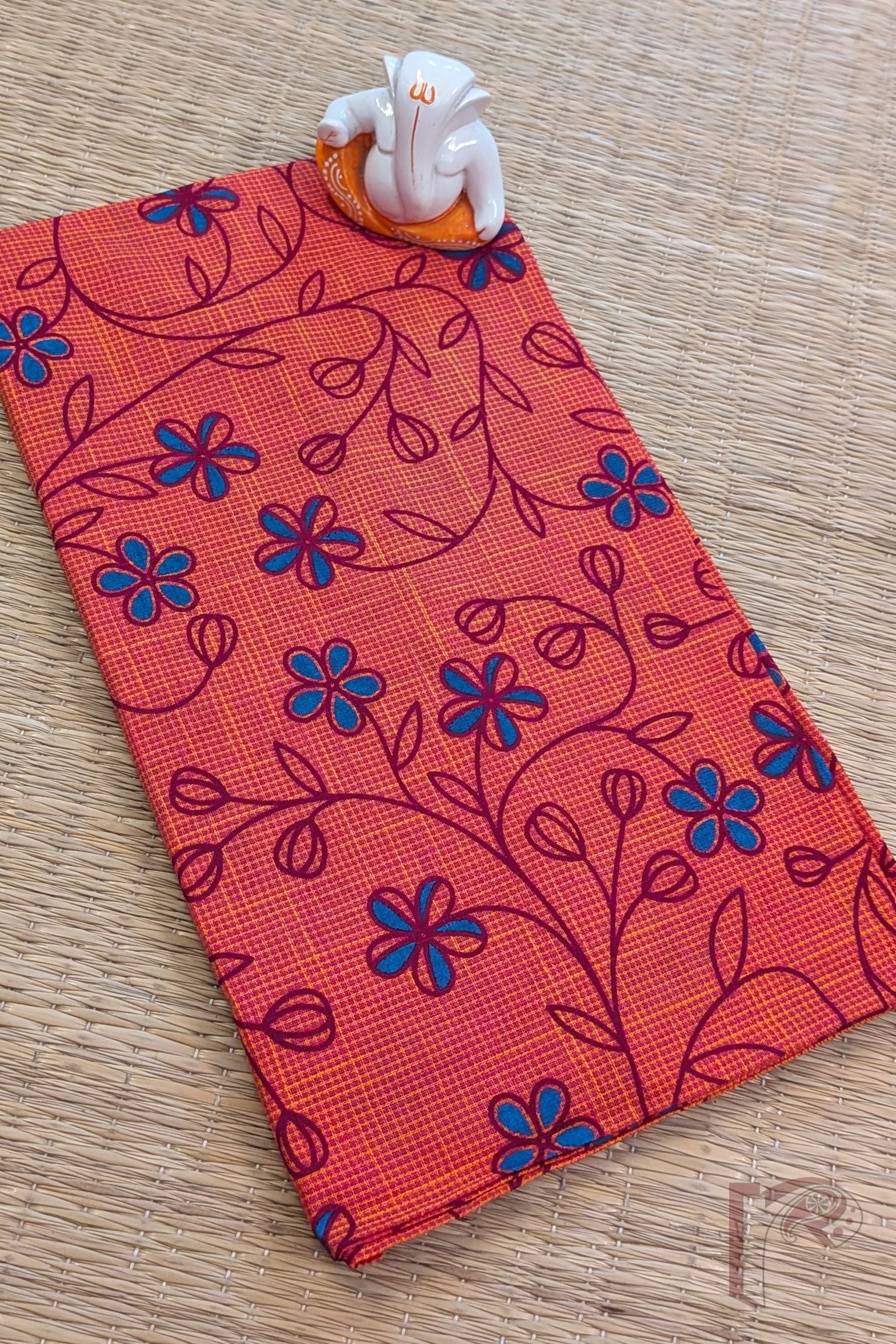 Burnt Orange South Cotton Handloom Blouse with Blue and Maroon Floral Stem Print