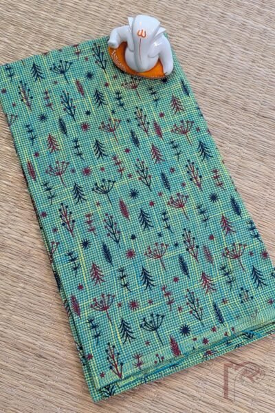 Green and Yellow Shaded South Handloom Cotton Blouse with Maroon and Navy Cotton Pod Motifs