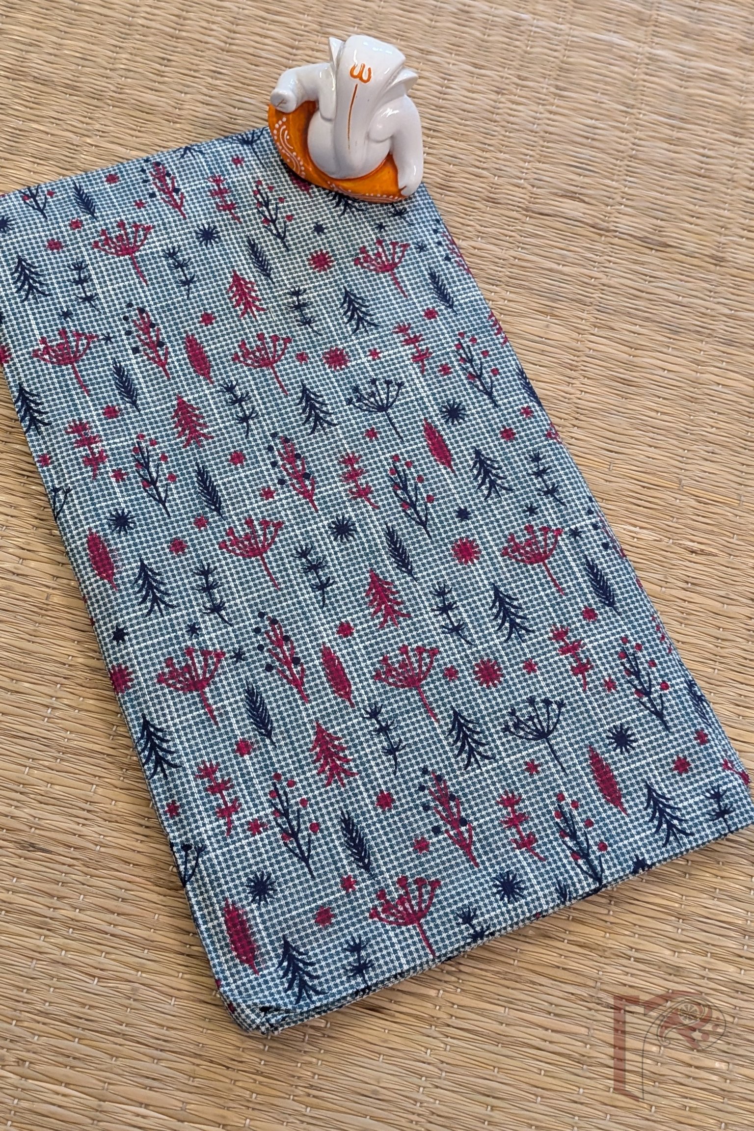 Blue and White Shaded South Handloom Cotton Blouse with Maroon and Navy Cotton Pod Motifs