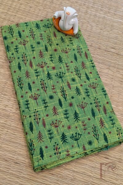 Green and Yellow Shaded South Handloom Cotton Blouse with Maroon and Dark Green Pod Motifs