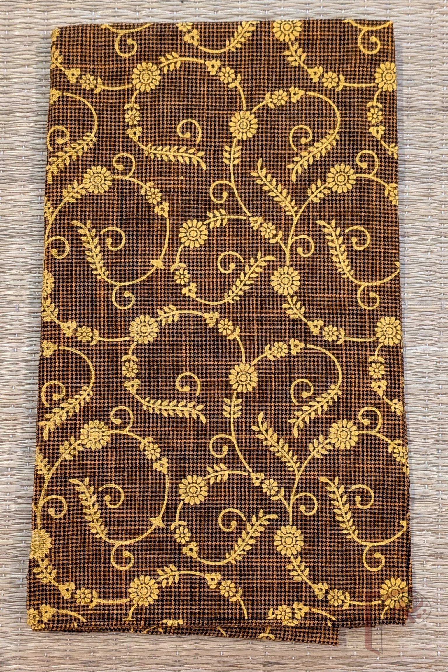 Brown and Black Shaded South Cotton Handloom Blouse with Yellow Stem and Floral Motifs - Image 2