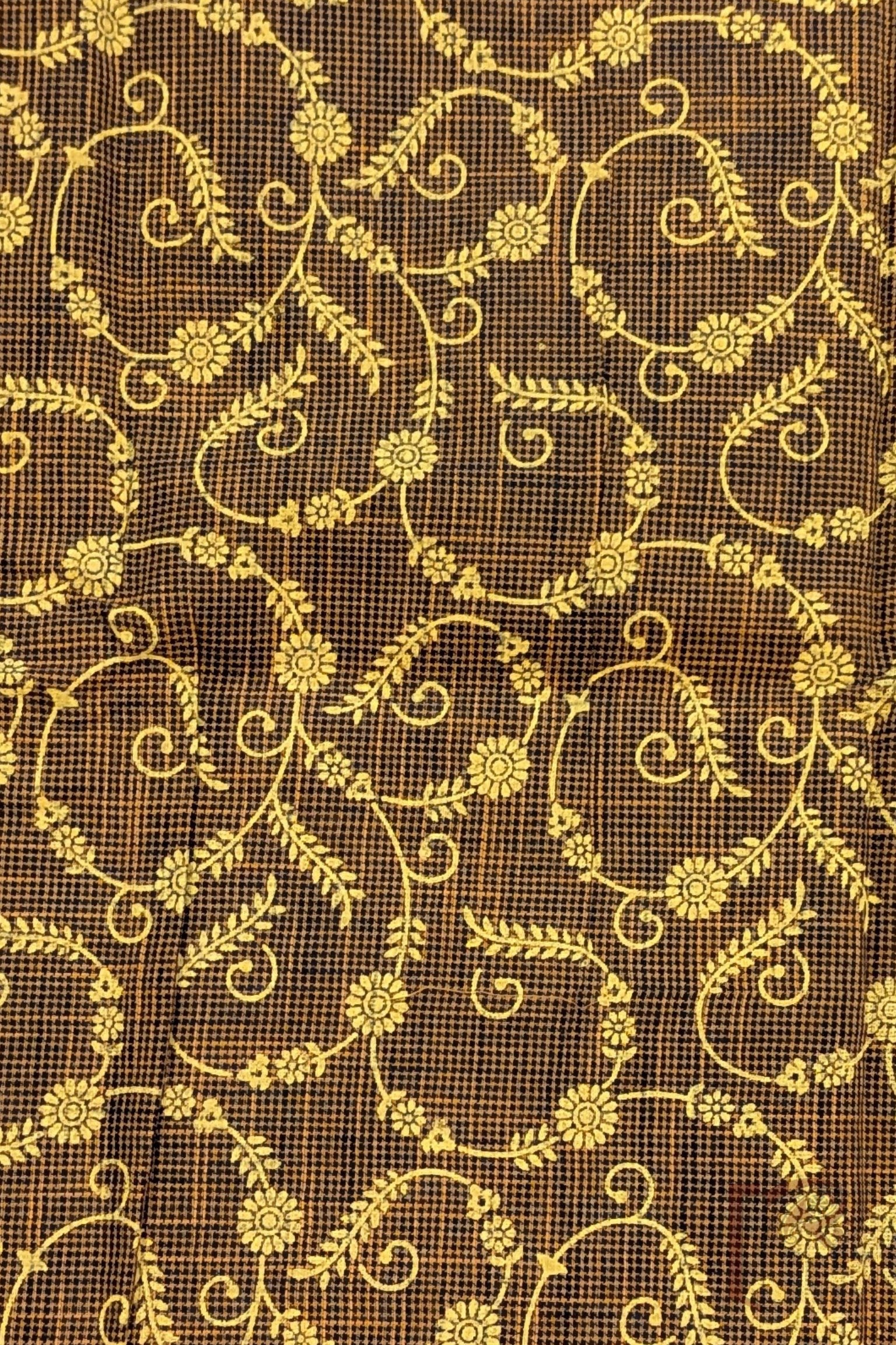 Brown and Black Shaded South Cotton Handloom Blouse with Yellow Stem and Floral Motifs - Image 3