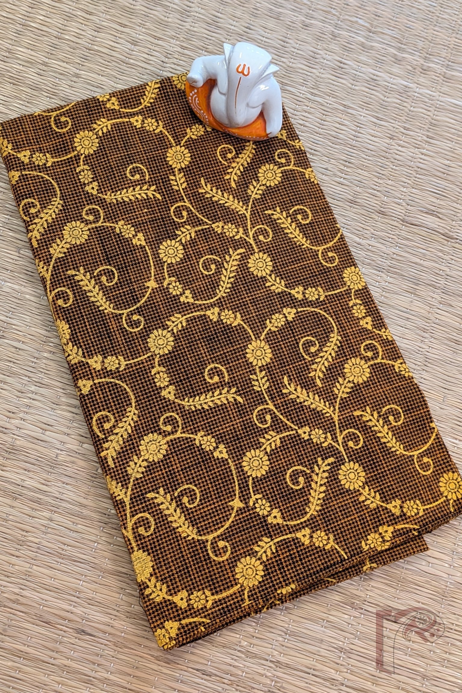 Brown and Black Shaded South Cotton Handloom Blouse with Yellow Stem and Floral Motifs