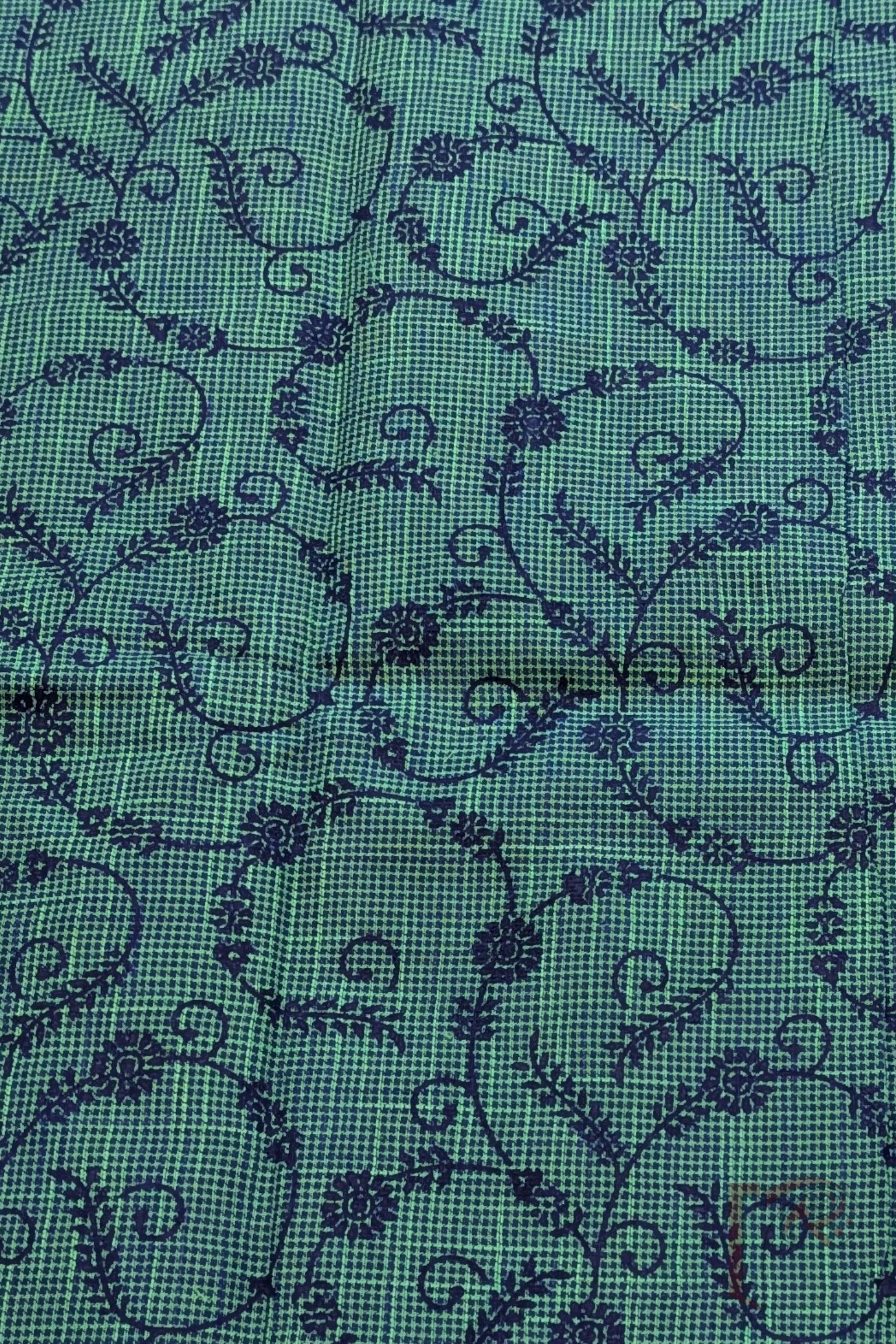 Green and Blue Shaded South Cotton Handloom Blouse with Navy Stem and Floral Motifs - Image 3