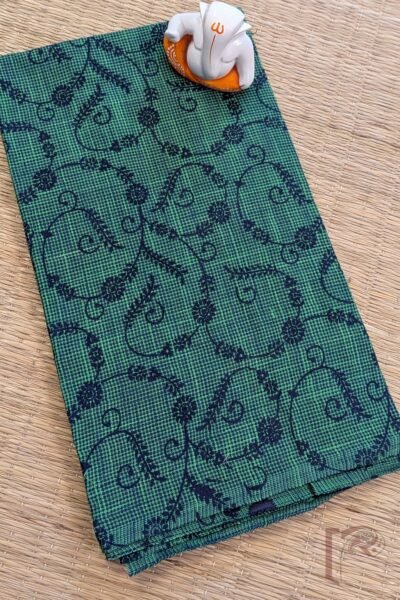 Green and Blue Shaded South Cotton Handloom Blouse with Navy Stem and Floral Motifs