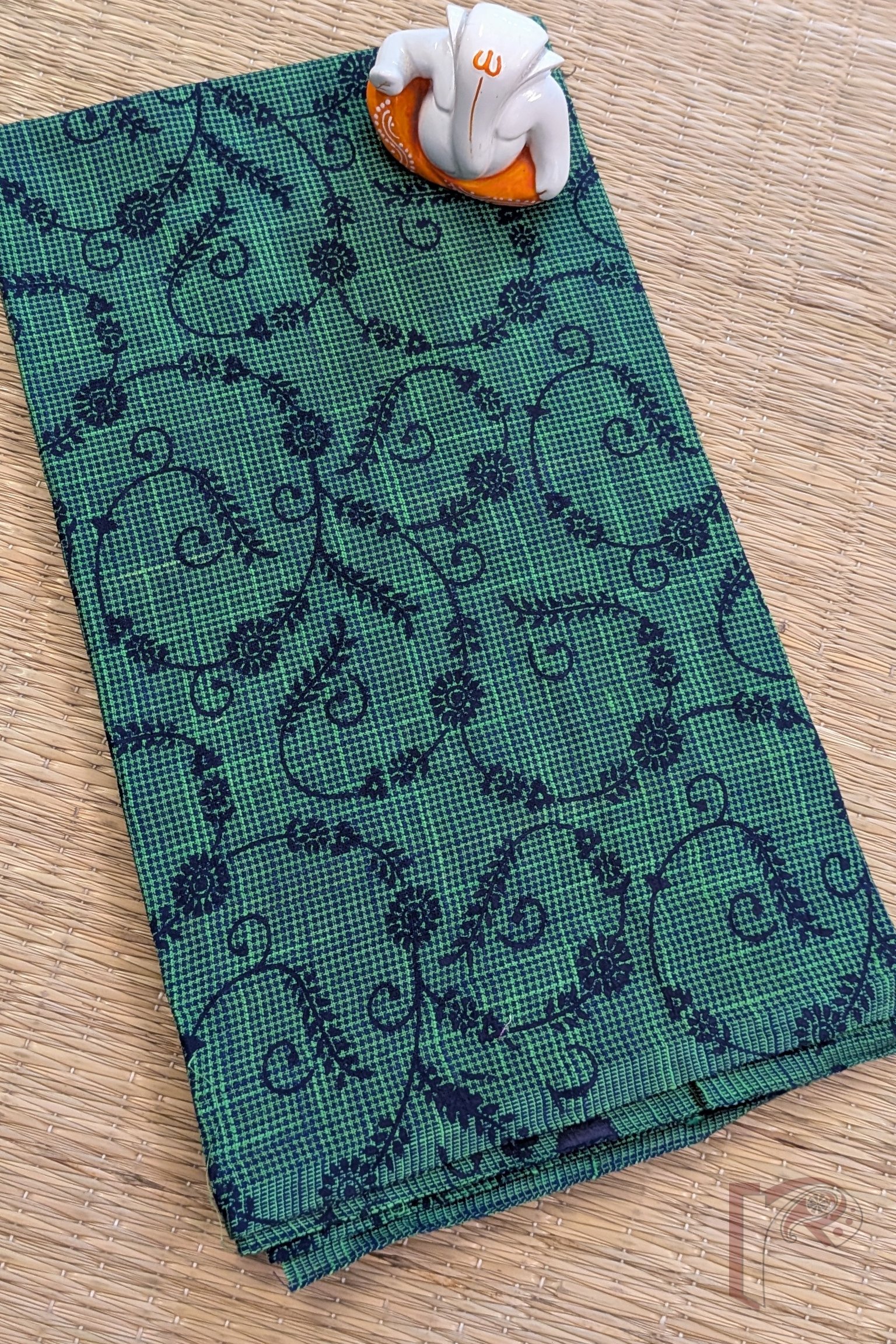 Green and Blue Shaded South Cotton Handloom Blouse with Navy Stem and Floral Motifs