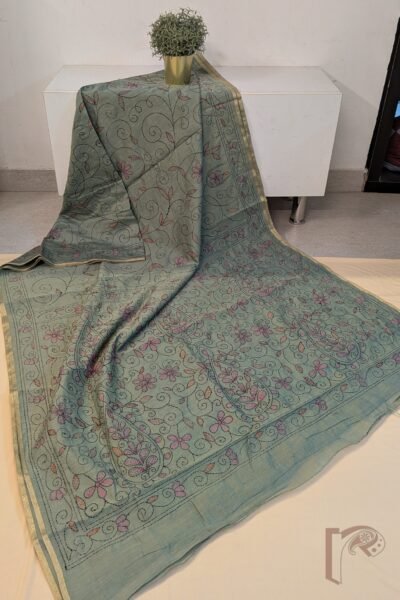 Chanderi Charisma – Sage Green Chanderi Silk Saree with Black Kantha Winding Stem and Mango Motif Embroidery Saree