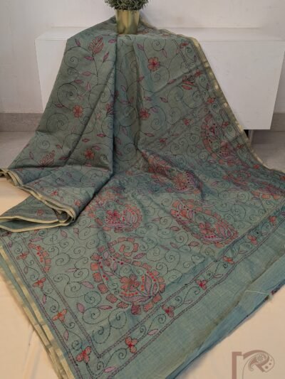 Chanderi Charisma – Sage Green Chanderi Silk Saree with Black Kantha Stem, Long Leaf and Floral Hand Embroidery Saree
