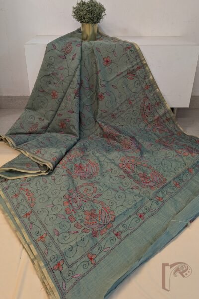 Chanderi Charisma – Sage Green Chanderi Silk Saree with Black Kantha Stem, Long Leaf and Floral Hand Embroidery Saree
