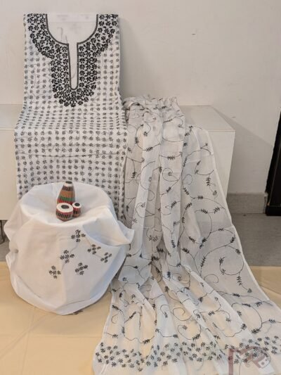 Suit stories – White Cotton Kantha Embroidered Stick Flower Pattern Suit Set with Black Thread Work and Voile Dupatta