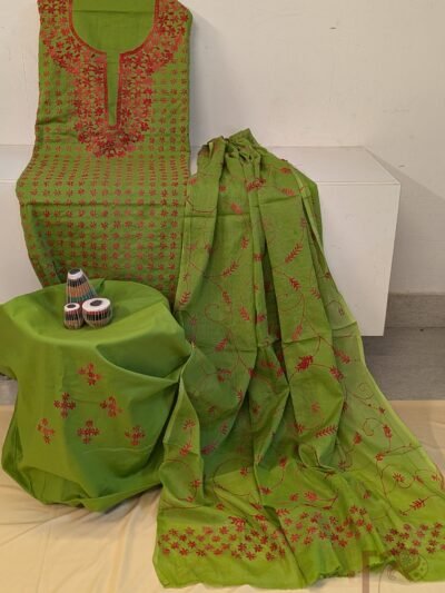 Suit stories – Light Green Cotton Kantha Embroidered Stick Flower Pattern Suit Set with Red Thread Work and Voile Dupatta