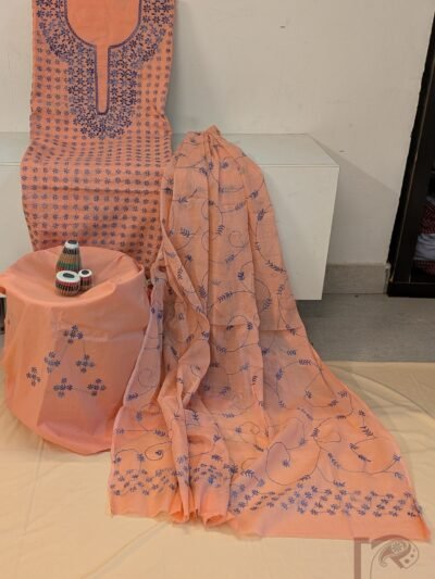 Suit stories – Light Peach Cotton Kantha Embroidered Stick Flower Pattern Suit Set with Blue Thread Work and Voile Dupatta