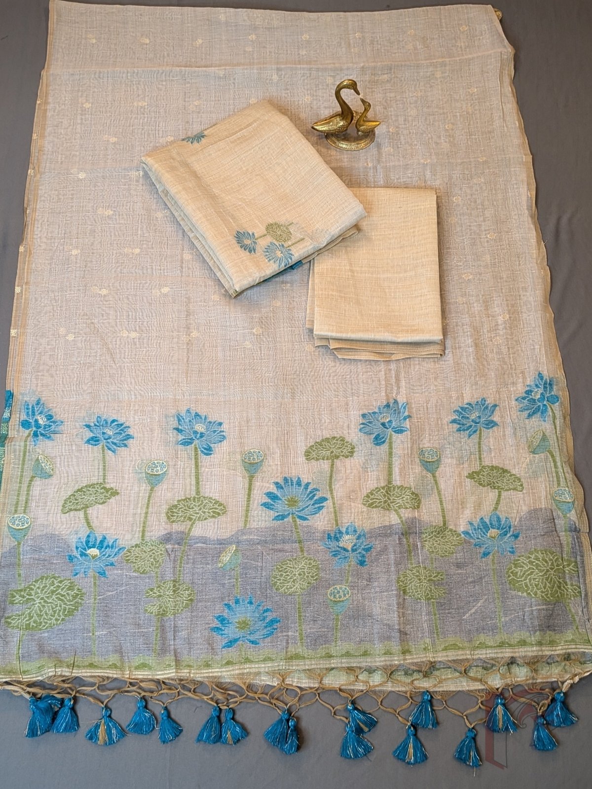Suit Stories – Beige Cotton Munga Jamdani Suit Set with Blue Green Floral Panel and Embroidered Dupatta - Image 2