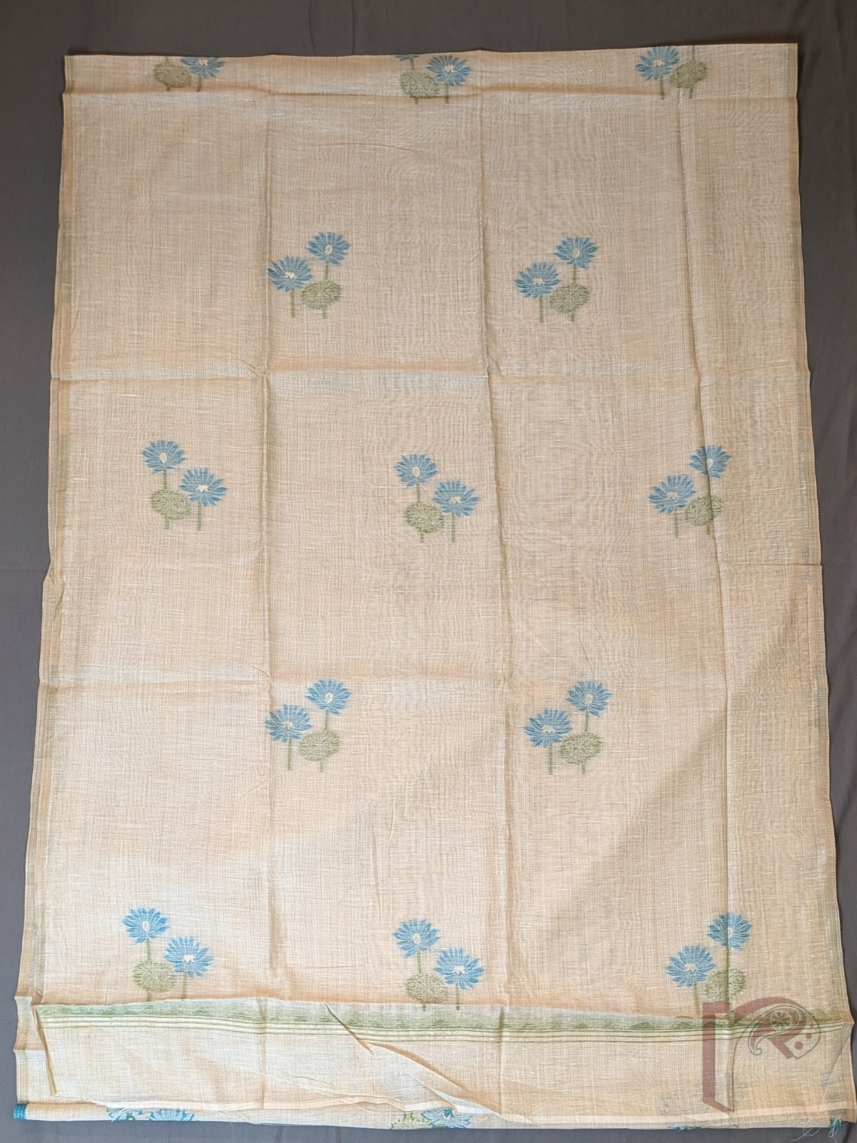 Suit Stories – Beige Cotton Munga Jamdani Suit Set with Blue Green Floral Panel and Embroidered Dupatta - Image 3