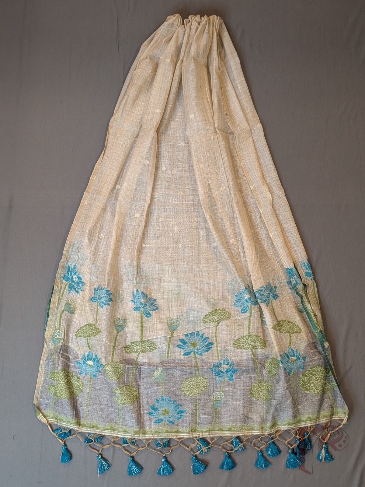 Suit Stories – Beige Cotton Munga Jamdani Suit Set with Blue Green Floral Panel and Embroidered Dupatta - Image 4