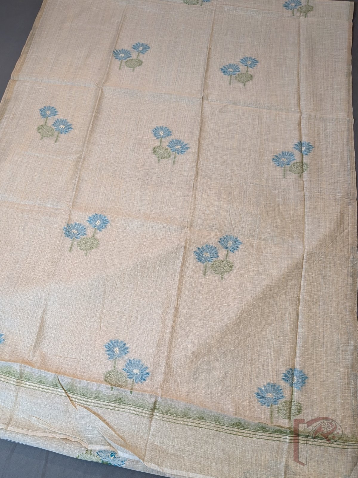 Suit Stories – Beige Cotton Munga Jamdani Suit Set with Blue Green Floral Panel and Embroidered Dupatta - Image 6