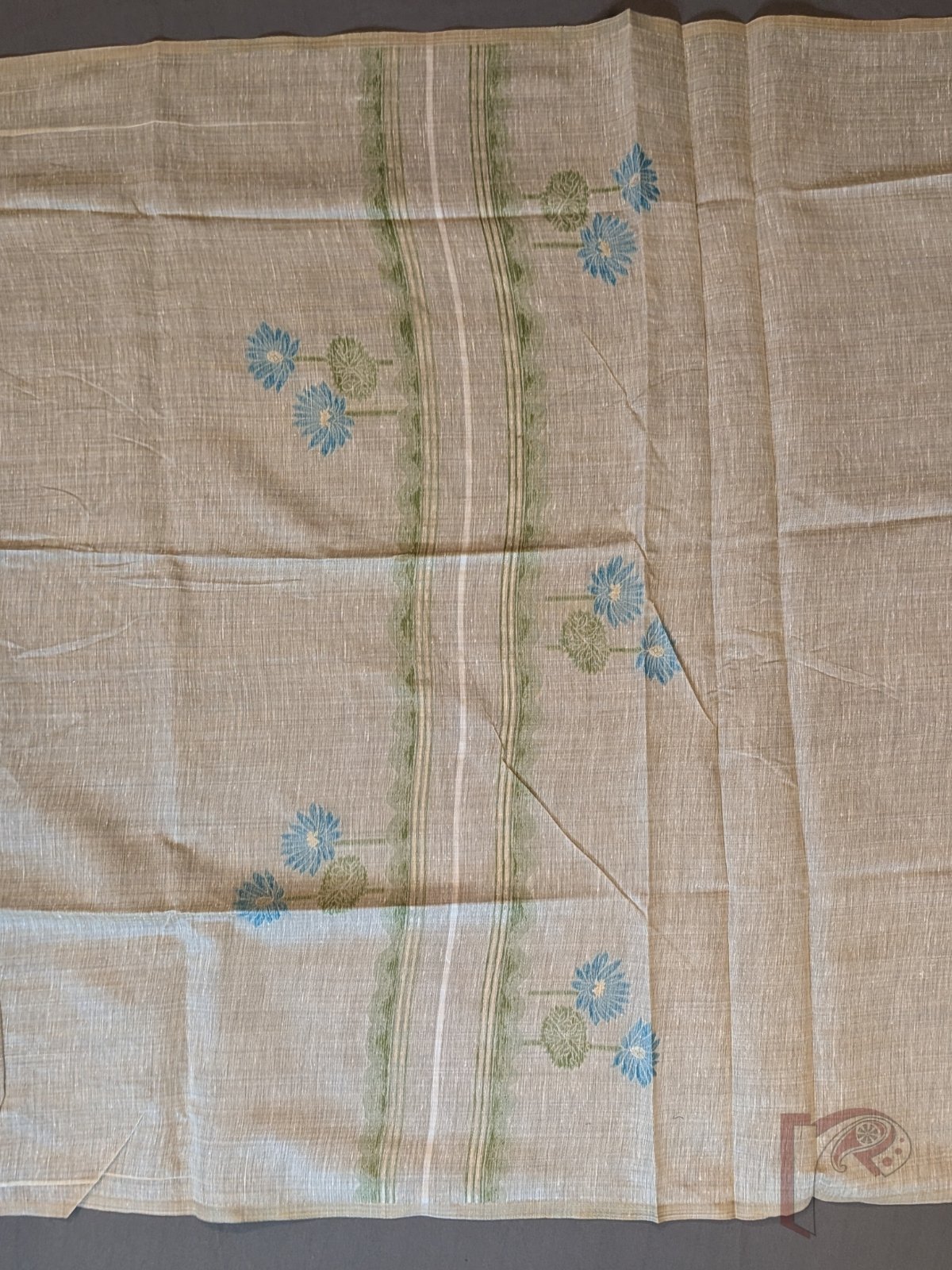 Suit Stories – Beige Cotton Munga Jamdani Suit Set with Blue Green Floral Panel and Embroidered Dupatta - Image 7