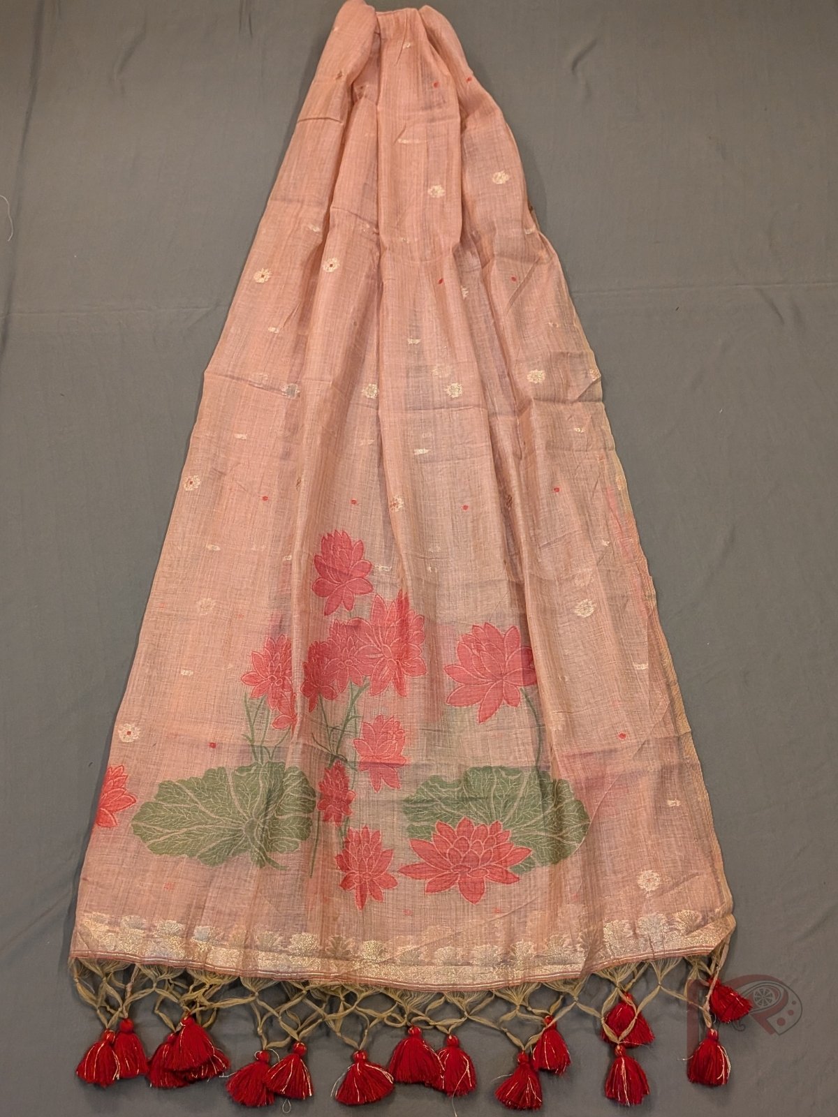 Suit Stories – Onion Pink Cotton Munga Jamdani Suit Set with Lotus Floral Weave and Maroon Tassels - Image 4