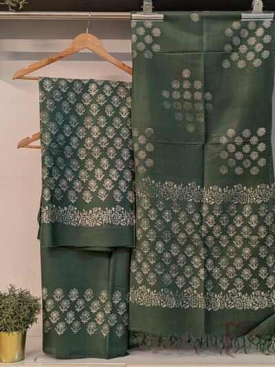Suit Stories – Sage Green Chanderi Cotton Silk Suit Set with Offwhite Floral Two-Leaf Handblock Motifs and Coordinated Dupatta