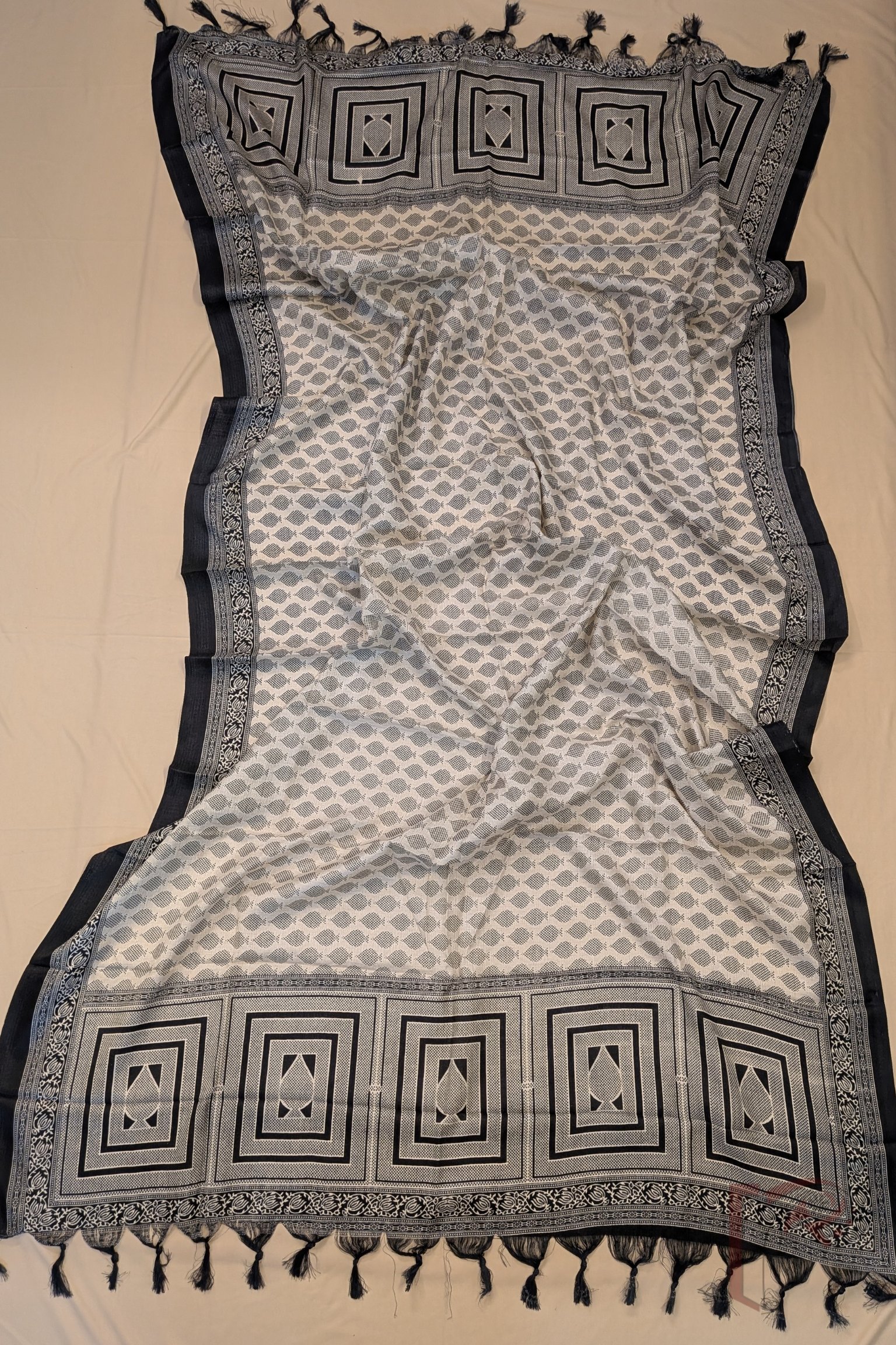 Dreamy Drapes - Cream & Black Spade Leaf Motif Banana Fiber Dupatta with Dotted Rectangular Borders - Image 4